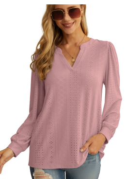 WD Women's Shirt Casual V-neck Shirt Fluffy Long Sleeve Balloon Cuffs Four Seasons Top Unisex Top Pink Large